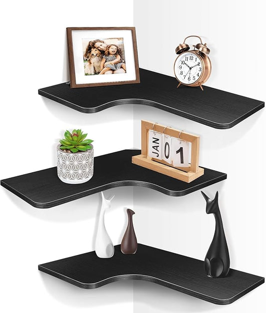 Homode Corner Shelves Wall Mounted, Set of 3 Floating Corner Shelves with Cord Hole, 3 Tier Wooden Hanging Display Shelf for Bathroom Kitchen Living Room, Black