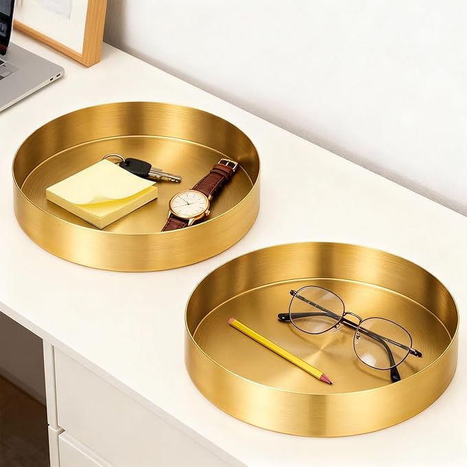 2 Pcs 7 Inch Round Gold Tray, Stainless Steel Metal Decorative Tray Vanity Trays Makeup Organizer, Coffee Table Trays for Jewelry Perfume Candle Kitchen Tableware