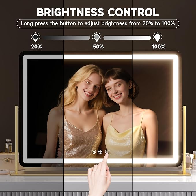 Hasipu Vanity Mirror with Lights, 24" x 18" LED Makeup Mirror, Light up Mirror with 5X Magnification and Phone Holder, USB Charging Port, Smart Touch 3 Colors Dimmable, 360° Rotation (Gold)