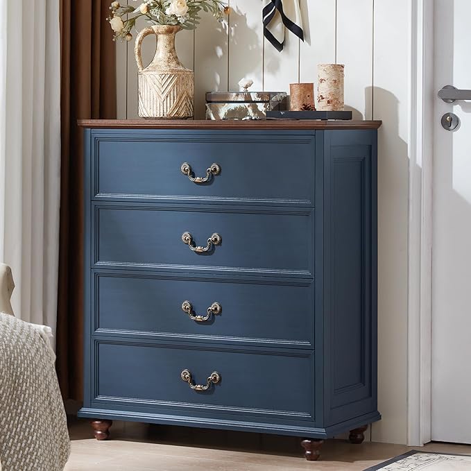 24" Wide Farmhouse Nightstand Set of 2, 37" Tall Rustic Chests of Drawers w/ 4 Solid Wood Feet, Farmhouse Furniture Series for Living Room,Bedroom,DarkBlue