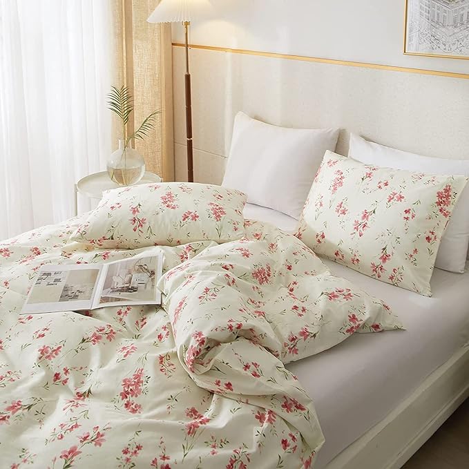 Boho Floral Duvet Cover Queen Soft Cotton Pink Floral Bedding Set Chic Garden Style Cute Flower Pattern Duvet Cover Vintage Floral Botanical Comforter Cover 1 Queen Duvet Cover with 2 Pillowcases