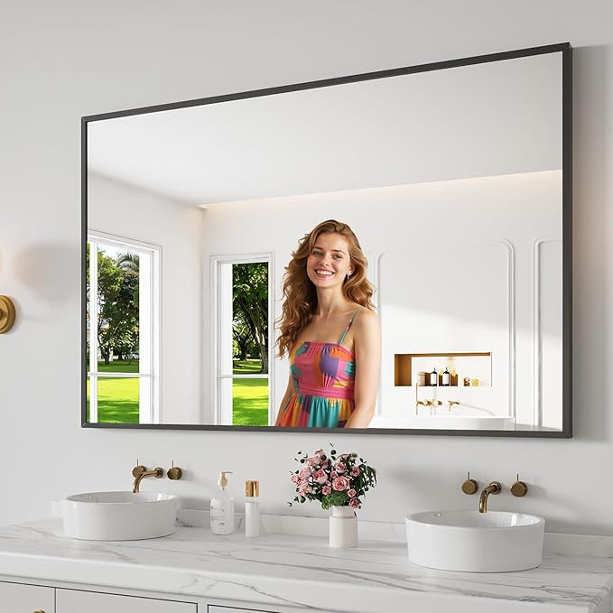 Bathroom Mirror 36"x55" Matte Black Rectangle Bathroom Wall Mirror for Over Sink, Modern Large Vanity Mirror, HD Tempered Glass, Anti-Rust Aluminum Alloy Frame, for Living Room, Bedroom, Entryway
