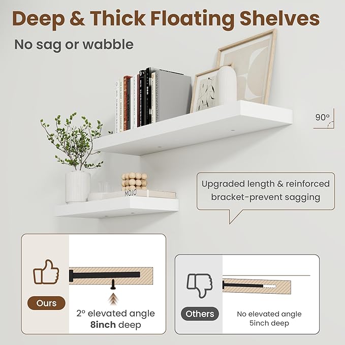 36 Inch Floating Shelves for Wall, 8 Inch Deep Floating Shelf for Storage & Display, Rustic Wall Mounted Shelf with Invisible Brackets for Living Room, Kitchen, Bathroom, Home Decor, Set of 2, White