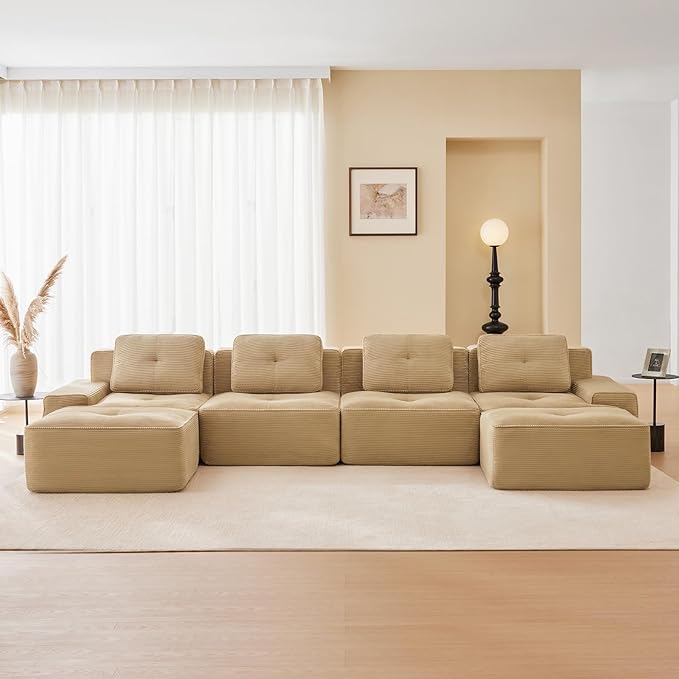 150" Modern Compressed Boneless Couch with Ottoman, 4 Seater Large U Shaped Sectional Couches for Living Room, Camel Corduroy Cloud Modular Sectional Sofa, Memory Foam, Extra Deep, No Assembly