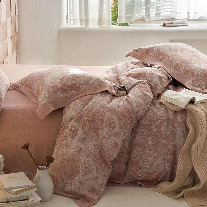 Jacquard Flower Duvet Cover King Retro Blush Pink Floral Duvet Cover Yarn-Dyed Textured Cotton Bedding Jacquard Flower Comforter Cover with Edge Design Vintage Farmhouse Floral Bedding Set King Size