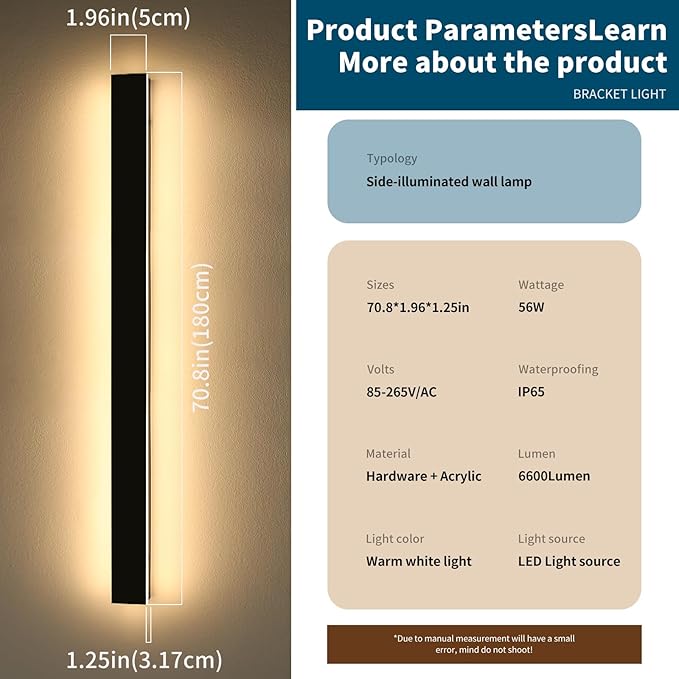 2 Pack Modern Outdoor Wall Light, 3000K Warm White 71inch LED Wall Sconce, IP65 Waterproof Exterior Lighting, Black Aluminium Minimalist Long Wall Lamp for Patio, Garage, Yard
