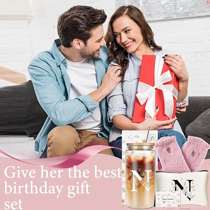 Unique Initial Glass Cup with Lids and Straws, Monogrammed Gifts Box Included Makeup Bag, Christmas Birthday Gifts for Women Mom Sister Grandma, N