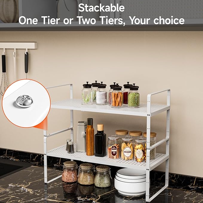 2Pack 16.5-27’’L Expandable Cabinet Countertop Shelf Organizer, Stackable Metal Shelves, Kitchen Organizers and Storage, White Storage Spice Rack for Pantry and Cupboard