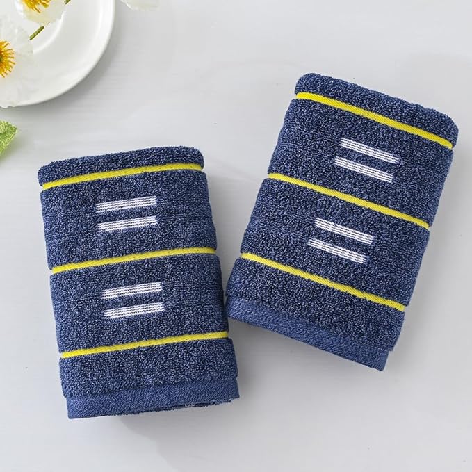 YiLUOMO Blue Hand Towels Yellow Striped Design Set of 2 Super Soft 100% Terry Cotton Highly Absorbent Decorative Hand Towel for Bathroom 13 x 29 Inch