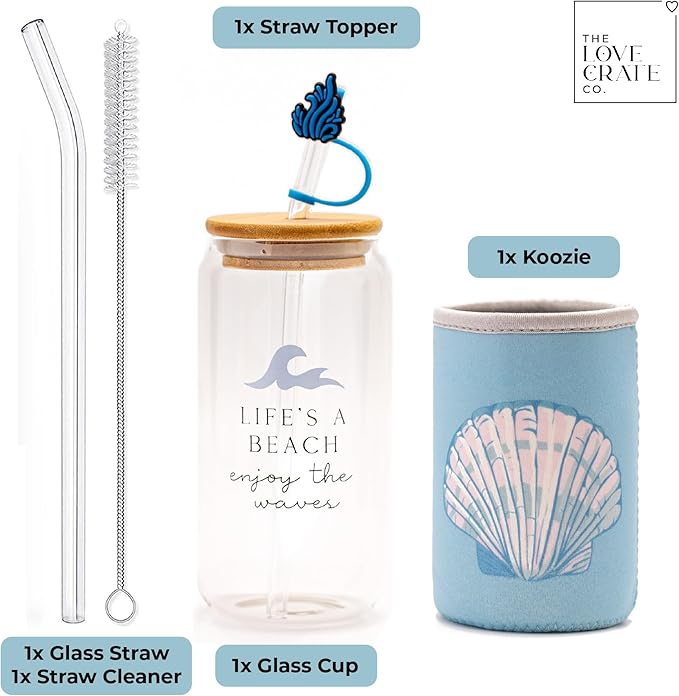 Ocean Gifts for Women - Glass Tumbler with Lid and Straw, Customized Straw Stopper and Cup Sleeve, Aesthetic Unique Design Iced Coffee Gift Cup for Mom, Teacher, Friend