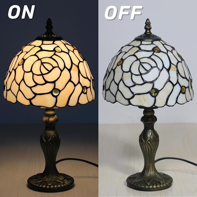 Tiffany Style Small Table Lamp, 8X8X14.5 Inch Rose Stained Glass Lamp, Small Antique Side Table Lamps, Bedside Nightstand Lamp, for Bedroom Living Room Home Office,LED Bulb Include