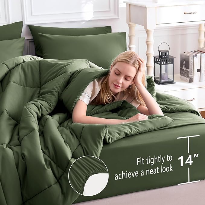 CozyLux Full Size Comforter Sets Olive Green, 7 Pieces Bed in a Bag, Green Comforter Full Size, All Season Bedding Sets with Stitch Quilted Comforter, Flat Sheet, Fitted Sheet, Pillowcases