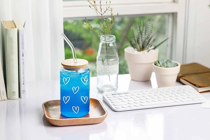 NewEleven Cute Glass Coffee Cups With Lids And Straw – Aesthetic Cups – Iced Coffee Cup, Coffees Tumbler – Christmas Gifts For Women, Friends, Coffees Lover - 16 Oz Coffee Glass