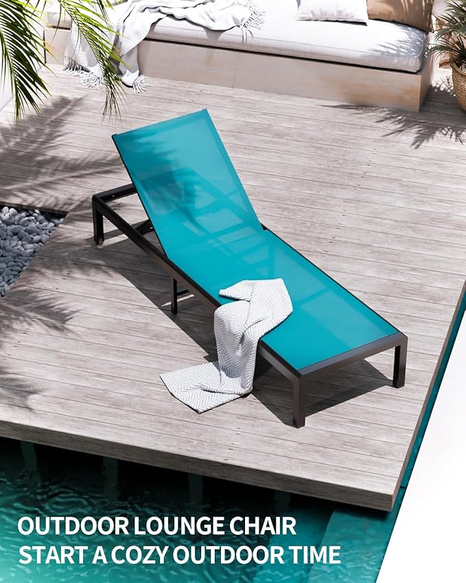 Aluminum Lounge Chairs Outdoor Chaise Furniture,2 Sets Patio Metal Deck Lounger Adjustable 5-Position Poolside Chase Recliner with Wheels for Beach,Coffee Table, (Blue, 2 Chairs + Table)