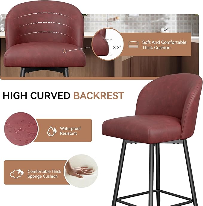 Counter Height Bar Stools Set of 4,360° Swivel Barstools with High Back and Metal Legs,26" Seat Height, Upholstered PU Leather Bar Chairs for Kitchen Island, Dining Room,Cafes,Red