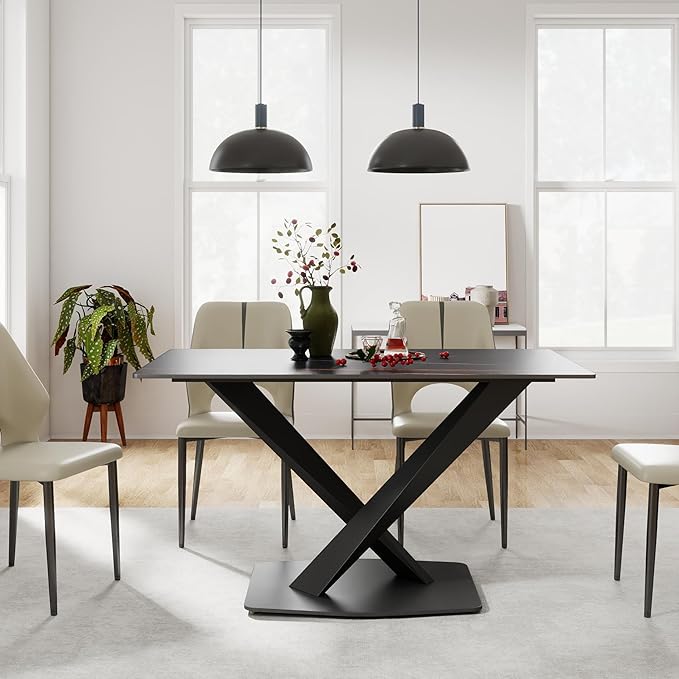 55" Modern Dining Table for 4-6 People, Black Sintered Stone Table Top with X-Shape Carbon Steel Pedestal, Large Rectangular Table for Kitchen Living Room