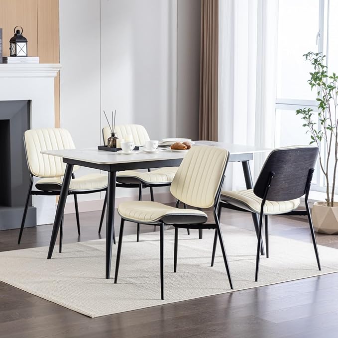 Dining Chairs Set of 4, Mid Century Modern Accent Dining Room and Kitchen Chairs, Upholstered PU Leather Vertical Stripe Chairs for Vanity with Walnut Bentwood and Metal Legs, Beige