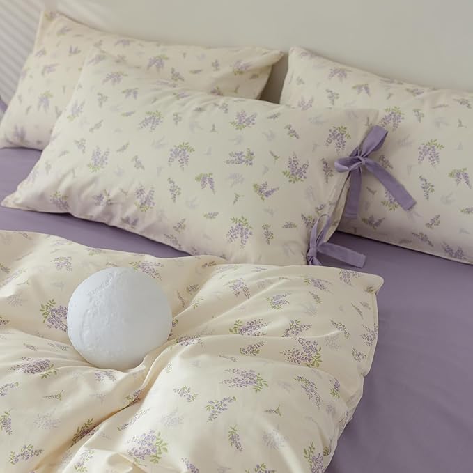 EAVD Garden Lavender Floral Comforter Set Queen White Fluffy Microfiber Chic Shabby Purple Floral Bedding Set 1 Queen Bed Comforter and 2 Pillowcases Fresh Botanical Comforter Set for All-Season