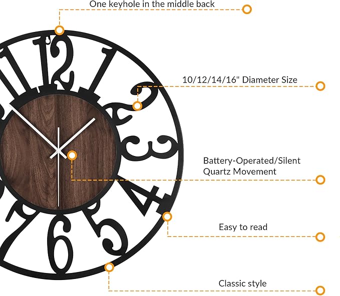 LEIKE 16in Arabic Numeral Wall Clock Battery Operated Black, Silent Non Ticking, Wall Clocks for Living Room Decor, Small Classic for School, Office, Home, Kitchen, Bedroom