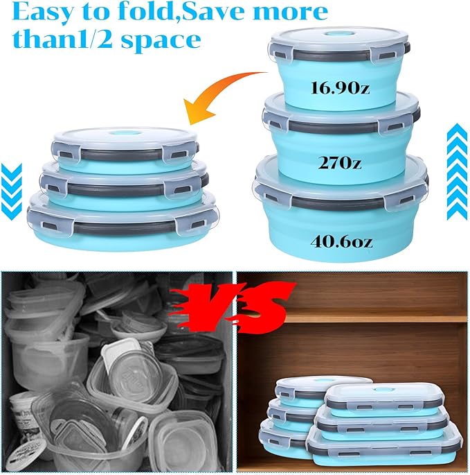6 Pieces Collapsible Food Storage Containers Foldable Silicone Lunch Containers with Lids, 3 Pcs Silicone Rectangle Collapsible Bowls and 3 Pcs Round Food Bowls, Microwave Freezer and Dishwasher Safe