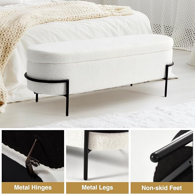 Sherpa Storage Ottoman Bench for Bedroom, White End of Bed Bench with Storage, Upholstered Boucle Storage Bench with Metal Stand and Hinges, Oval Ottoman for Living Room, 52 Inch