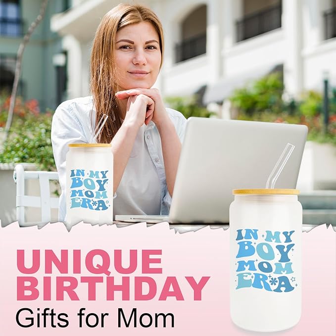 Gifts For Boy Mom, Boy Mom Gifts For Mom, New Mom, Gifts For a Mom of Boys, 16oz Glass Cup with Lid and Straw, Birthday Gifts For Pregnant Mom, Expecting Mom, Mama, Mom To Be