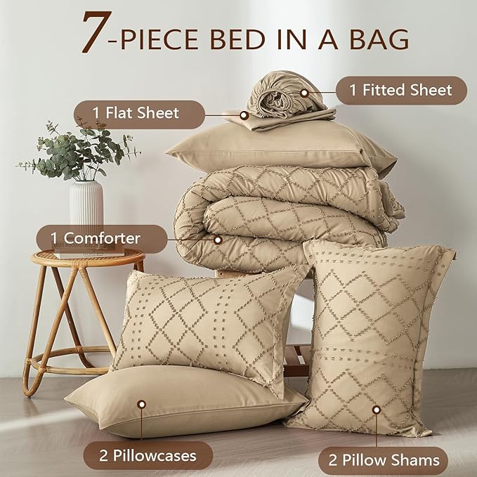 Khaki Tufted Comforter Set King Size 7 Piece Bed in a Bag,Shabby Chic Boho Comforter and Sheet Set,All Season Soft Microfiber Complete Bedding Set(Khaki,102"x90")