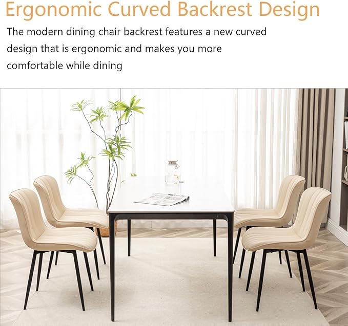 Leather Dining Chairs Set of 6, Upholstered Dining Room Chairs with Metal Legs, Modern Dining Chair for Dining Room, Kitchen (Beige)