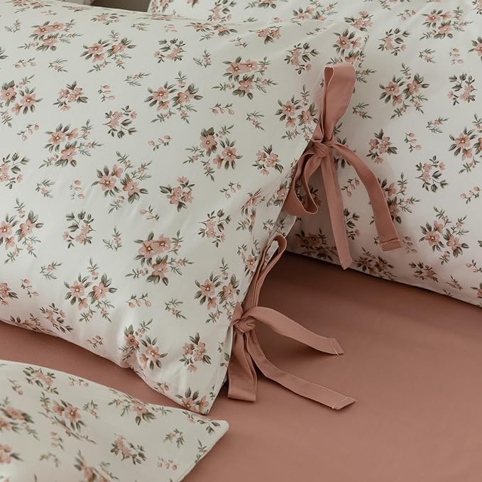 EAVD Vintage Style Pink Floral Comforter Set Queen Girls White Fluffy Microfiber Chic Garden Floral Bedding Set with 2 Pillowcases Reversible Fresh Botanical Comforter Set for All-Season