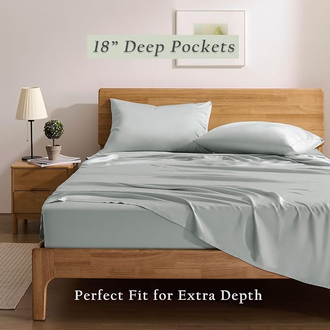 TOSMO Luxury Cooling Sheet Set - 100% Viscose from Bamboo, 4-Piece Bedding Set (King Size) - 18” Extra Deep Pockets, Oeko-Tex Certified, Silky Soft and Breathable, Sliver