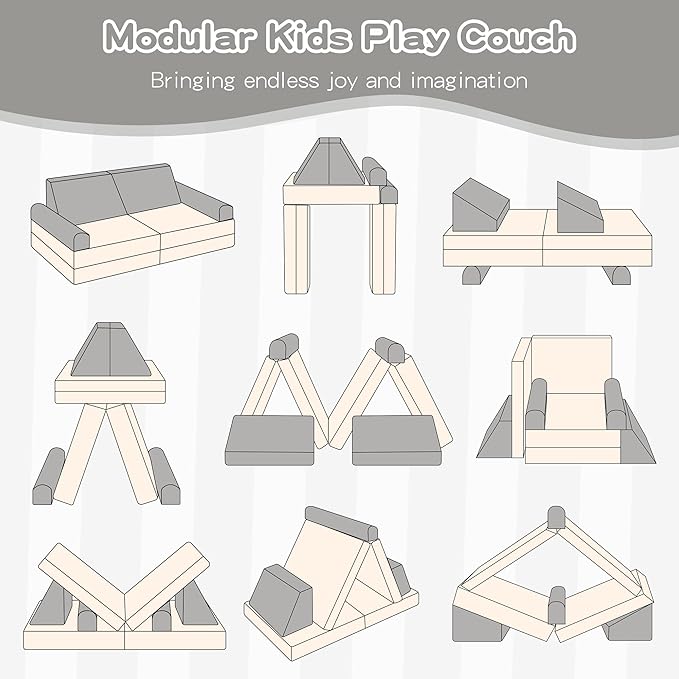 Modular Play Sofa, Instant Expansion, Corduroy Fabric, Grey and Beige
