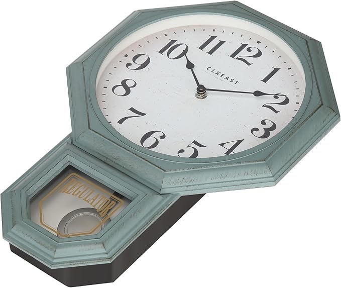 CLXEAST Pendulum Wall Clock, Schoolhouse Regulator Clock with Pendulum,Antique Aged Teal Green ABS Plastic,House Warming Gifts New Home,12" W x 17.5" H