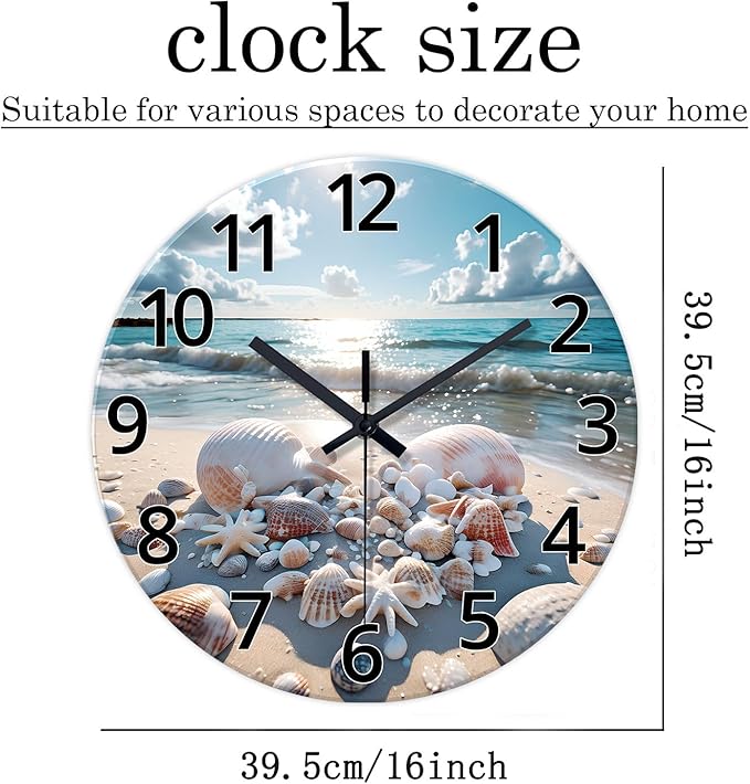 XNM 16 Inch Large Wall Clocks Battery Operated Coastal Shell Glass Clocks for Living Room Decor Blue Silent Wall Clock No Ticking