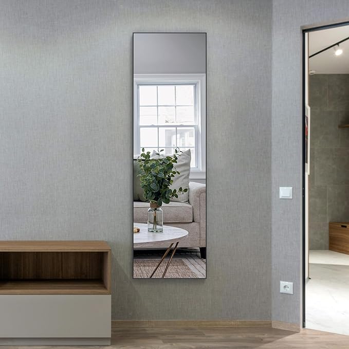 ANYHI Over The Door Mirror, 60"x18" Black Full Length Mirror with 2 Hooks, Door Hanging or Wall Mounted, Aluminum Frame, for Bedroom Bathroom
