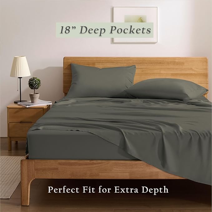 TOSMO Luxury Cooling Sheet Set - 100% Viscose from Bamboo, 4-Piece Bedding Set (Cal King Size) - 18” Extra Deep Pockets, Oeko-Tex Certified, Silky Soft and Breathable, Charcoal