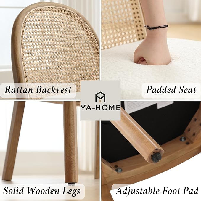 Mid Century Dining Chairs Set of 6, Accent Rattan Side Chairs Sherpa Fabric Kitchen Chair with Solid Wooden Legs for Living Room Dining Room, White