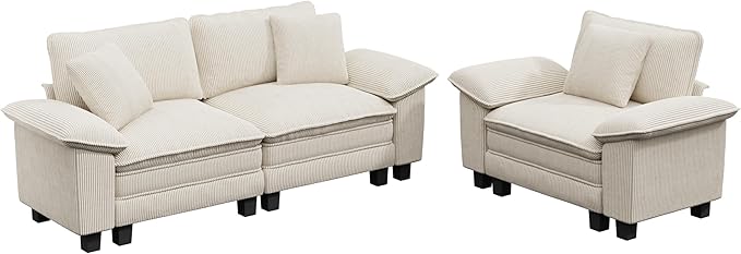 L-Shaped Cloud Modular Sofa Set with Chaise, Deep Seat 3-Piece Sectional & Removable Arms, Plush Corduroy for Living Room - Beige
