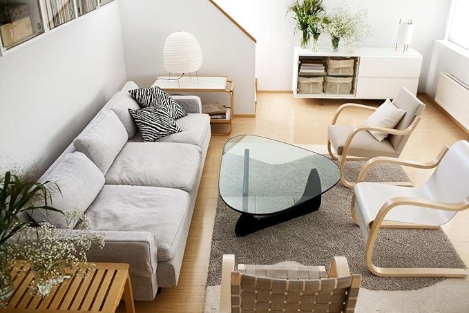 Noguchi Triangle Glass Coffee Table with Solid Wood Base, Vintage Clear Glass Top Modern Design for Living Room, Patio, Study, Black