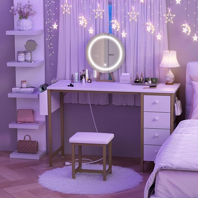 Gold Vanity Desk with Mirror and Light- Makeup Vanity Set Table with Chair, Storage, Lighted Mirror, 4 Large Fabric Drawers & Power Outlet, Dressing Table Vanities for Girls Bedroom