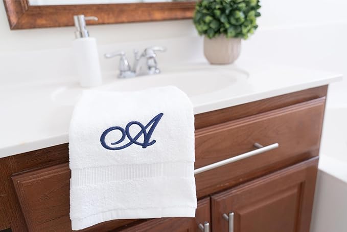 White Monogrammed Hand Towels for Bathroom - Luxury Hotel Quality Personalized Initial Embroidered Towel for Powder Room, Spa - GOTS Organic Certified - Pack of 2 Navy, Letter A