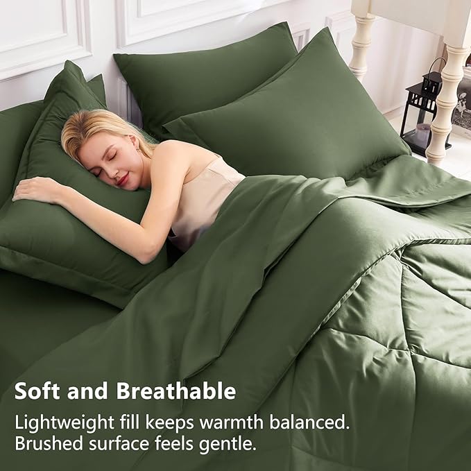 CozyLux Full Size Comforter Sets Olive Green - 7 Pieces Bed in a Bag Full, Luxury Soft Bed Set for All Seasons, Bedding Set with Down Alternative Comforter, Sheets, Pillowcases & Shams