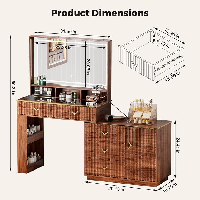 57“Makeup Vanity Desk with Mirror and Lights, Vanity Desk with 5 Drawers & Storage Shelves, Vanity Table with Power Outlet, 3 Color Modes & Adjustable Brightness Dressing Table, Bedroom,Brown