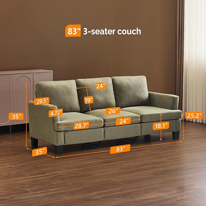 VINGLI Olive Green 83" Sofa Couches for Living Room, Modern Comfy 3 Seater Couch Faux Suede 25.6" Deep Seat Upholstery Cozy Sofas for Small Space, Bedroom, Apartment, Home Office