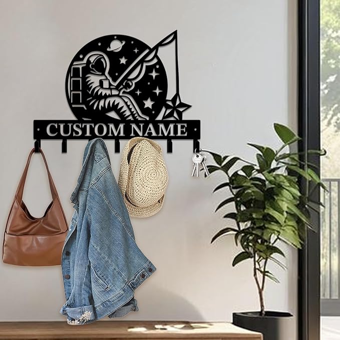Personalized Custom Astronaut UFO Metal Wall Keys Hooks,Clothes Hooks Astronaut Art coat racks,door holder,Black Astronaut decorations for home,Entrance doors,Hallway, Bedroom,Keys,Hats (Style E)