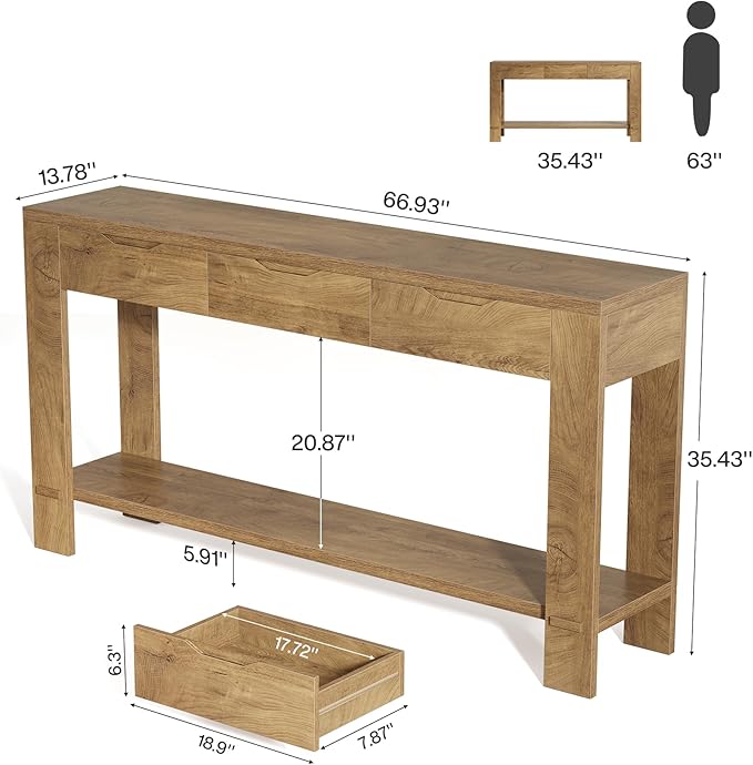 Tribesigns Console Table with 3 Drawers, 67-Inch Long Sofa Table Behind The Couch with Storage Shelf, Narrow Farmhouse Entryway Furniture for Living Room, Hallway, Foyer, Brown