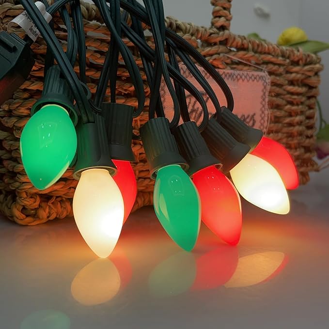SUNSGNE C7 Christmas String Lights 25 Feet Outdoor String Lights with 27 5W Red Green White Glass Light Bulbs(2 Spare) for Backyard Patio Garden Xmas Decor, Green Wire