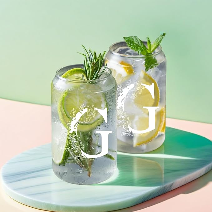 Unique Initial Glass Cup with Lids and Straws, Monogrammed Gifts Box Included Makeup Bag, Christmas Birthday Gifts for Women Mom Sister Grandma, G