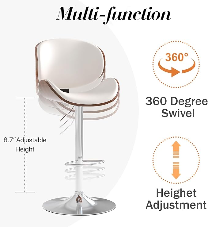 Adjustable Swivel Bar Stools Set of 3, Modern Bentwood Barstool with Large Metal Base and Footrest, PU Leather Upholstered Bar Chair with Curved Back for Kitchen Island Dining Room, White