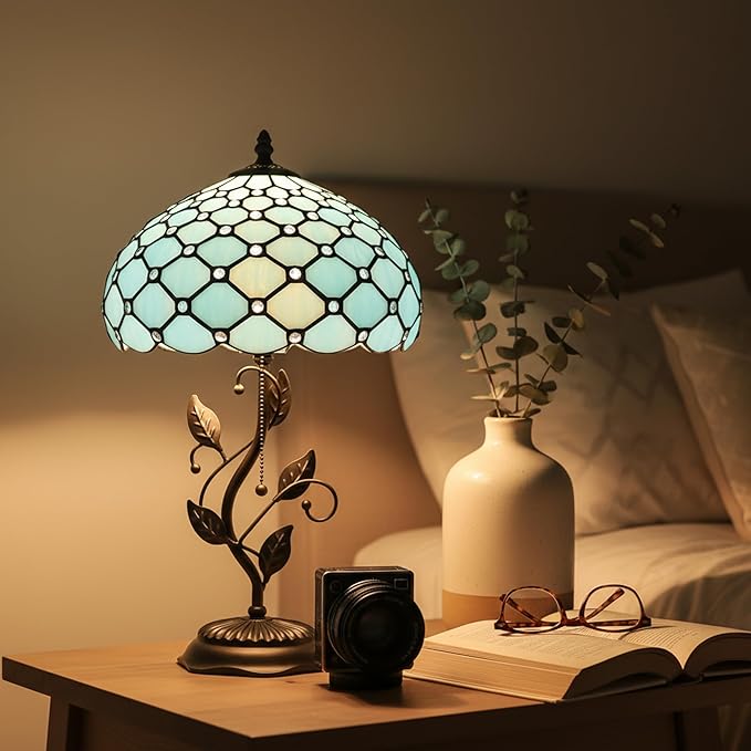 Tiffany Lamp Stained Glass Table Lamp Desk Bedside Reading Light 12X12X19 Inches with Metal Leaf Base(Sea Blue Beads)
