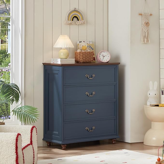 24" Wide Farmhouse Nightstand Set of 2, 37" Tall Rustic Chests of Drawers w/ 4 Solid Wood Feet, Farmhouse Furniture Series for Living Room,Bedroom,DarkBlue
